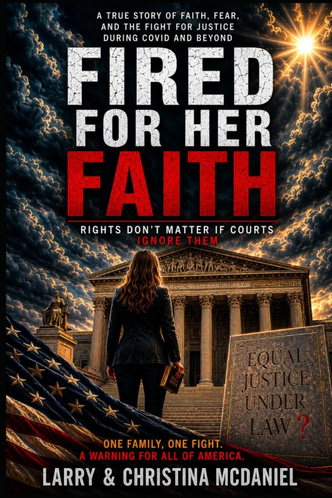 Book cover image and hyperlink for: Fired for Her Faith: Rights Don't Matter if Courts Ignore Them by Larry and Christina McDaniel June 2026, independently published